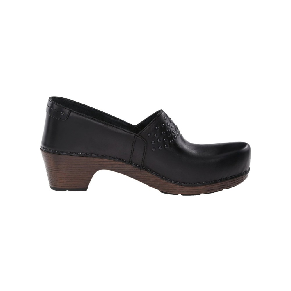 Dansko Mavis Clogs Black Leather Studded Wood Heel‎ Professional Size 39